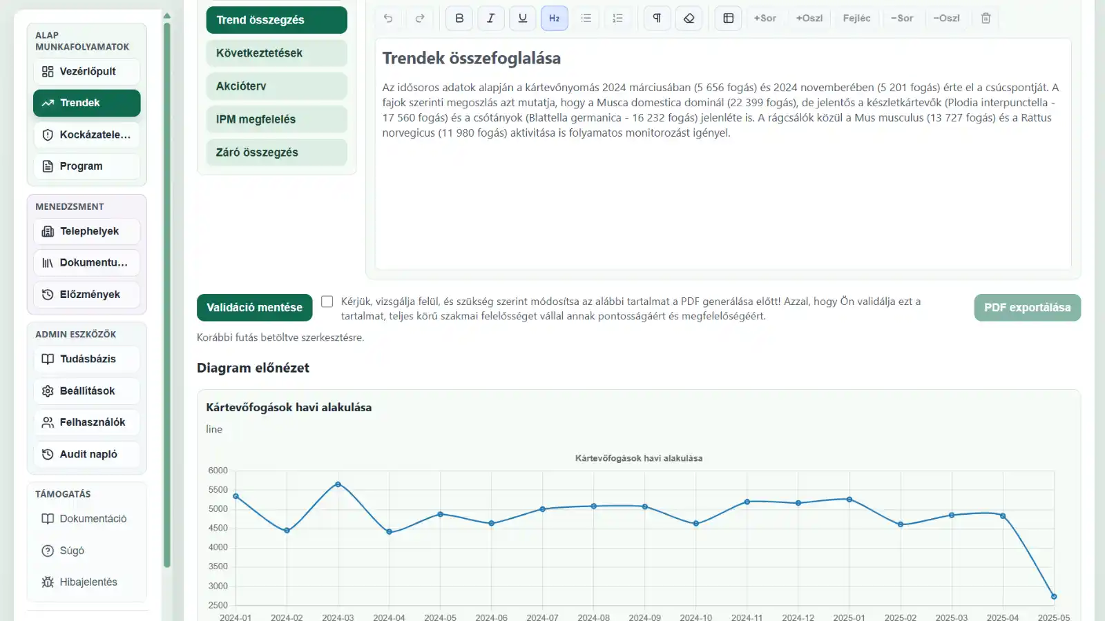 IPMFlow Desktop trendösszegzés és diagram kártevőirtási adatokból
