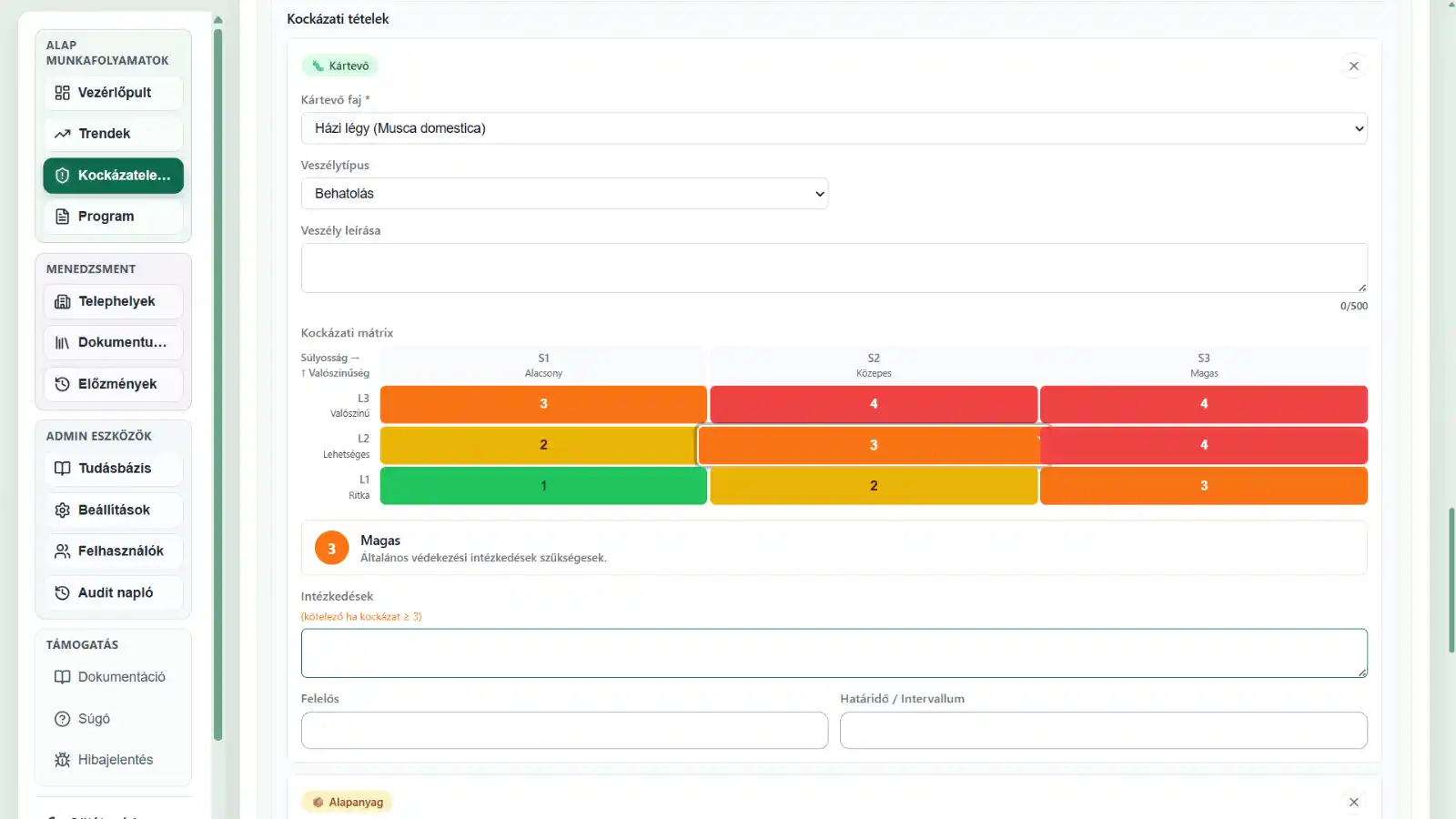 IPMFlow kockázati mátrix és kockázati tételek szerkesztés közben